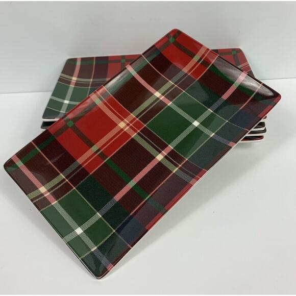 TOMMY BAHAMA Red Tartan Plaid Christmas Melamine Appetizer Snack Plate Set of 6 - Picture 7 of 7